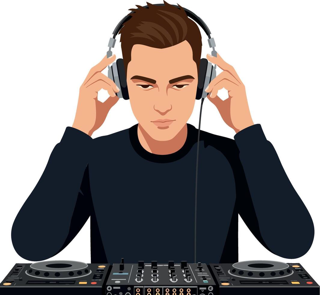 Young male DJ wearing headphones focused on mixing tracks at a digital turntable in flat art vector