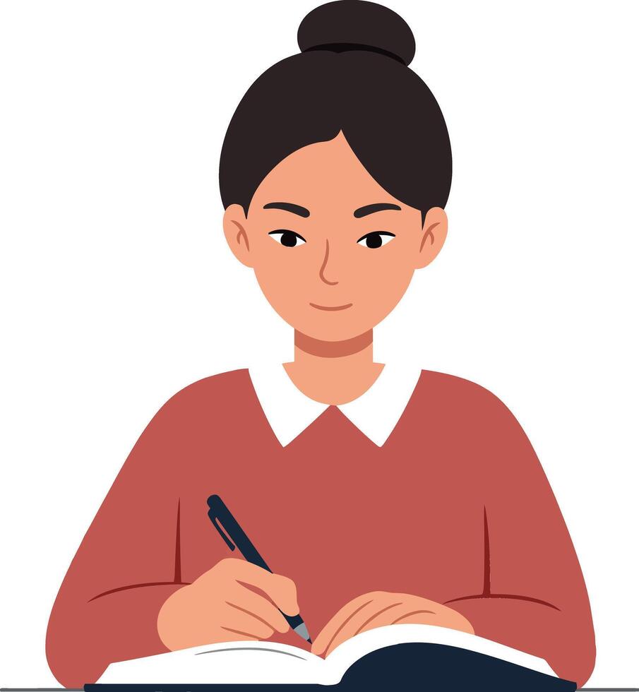 Young woman writing in a notebook while seated at a table in a minimal illustration vector