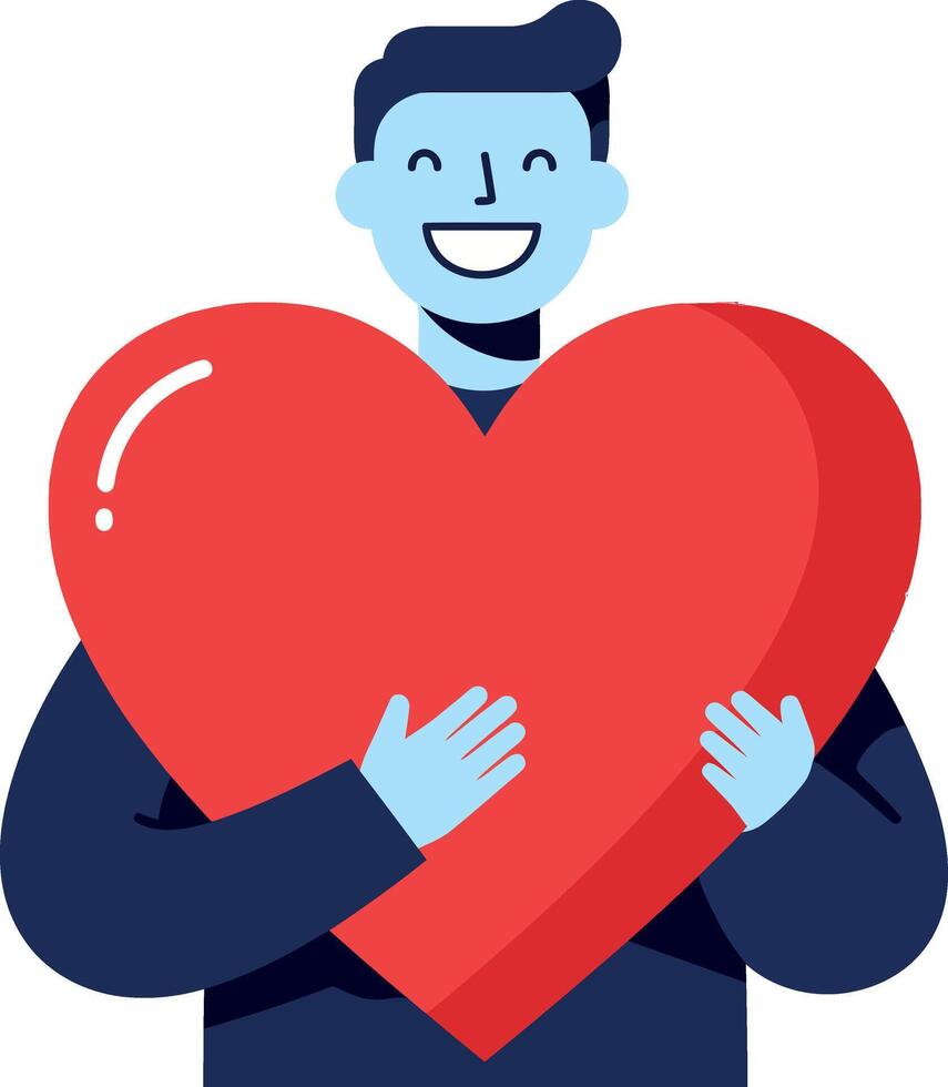 A cheerful man holding a large red heart in a minimalist flat design illustration vector