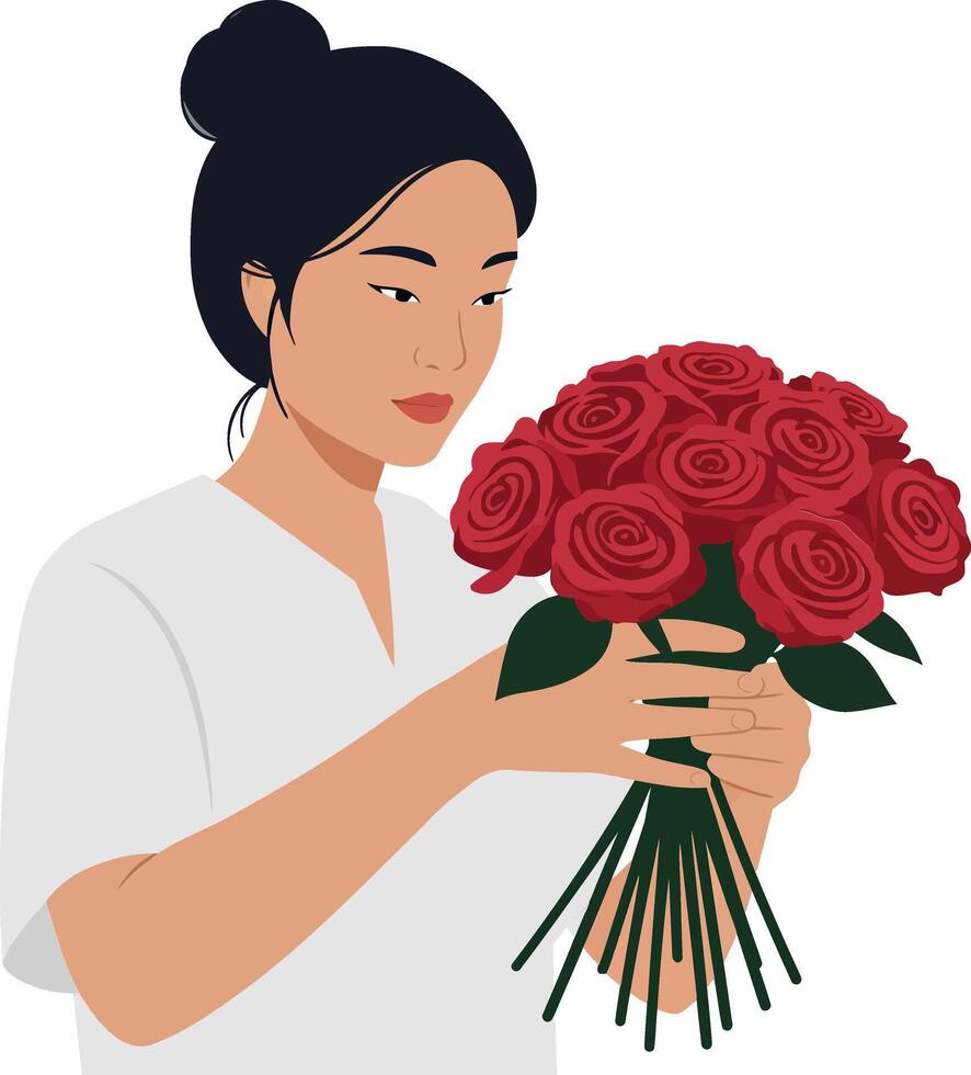 Woman holding a bouquet of red roses in a minimal illustration style showcasing beauty and elegance in floral arrangement art vector