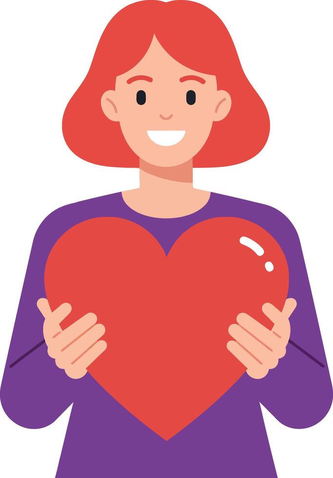 A cheerful woman holding a large red heart in a flat design style illustration vector