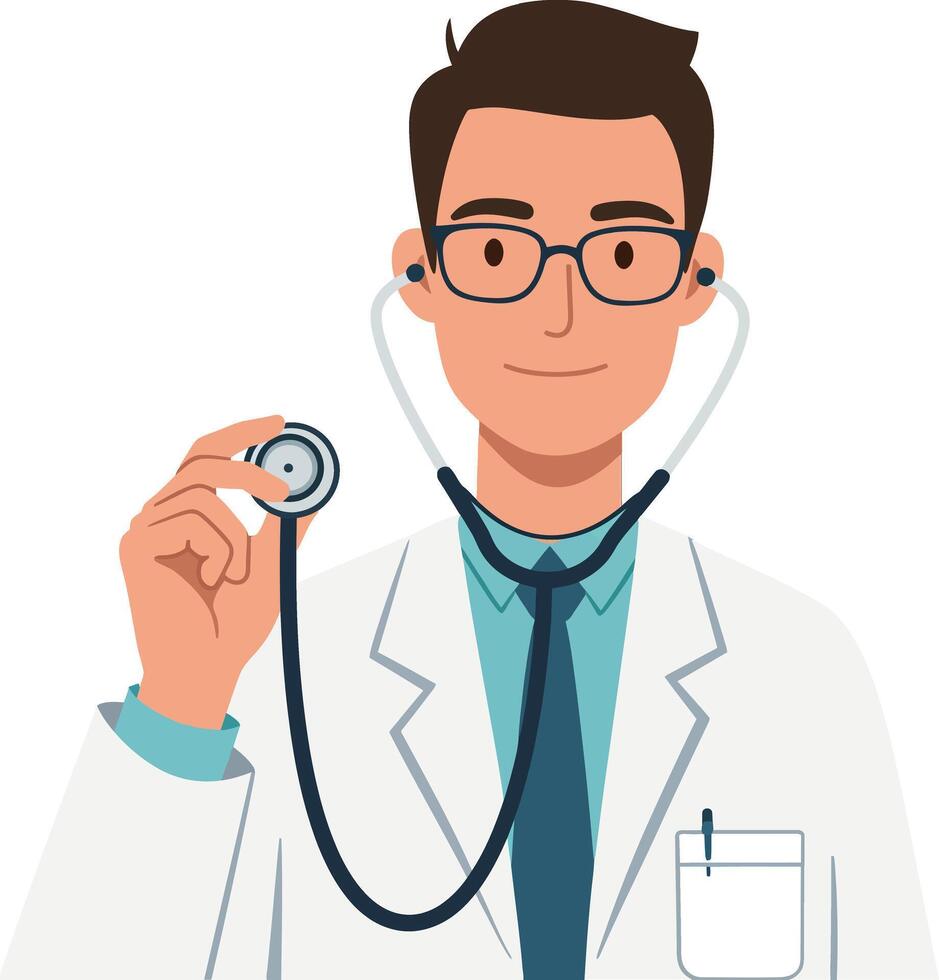 Doctor in a white coat holding a stethoscope with a friendly smile, flat illustration vector