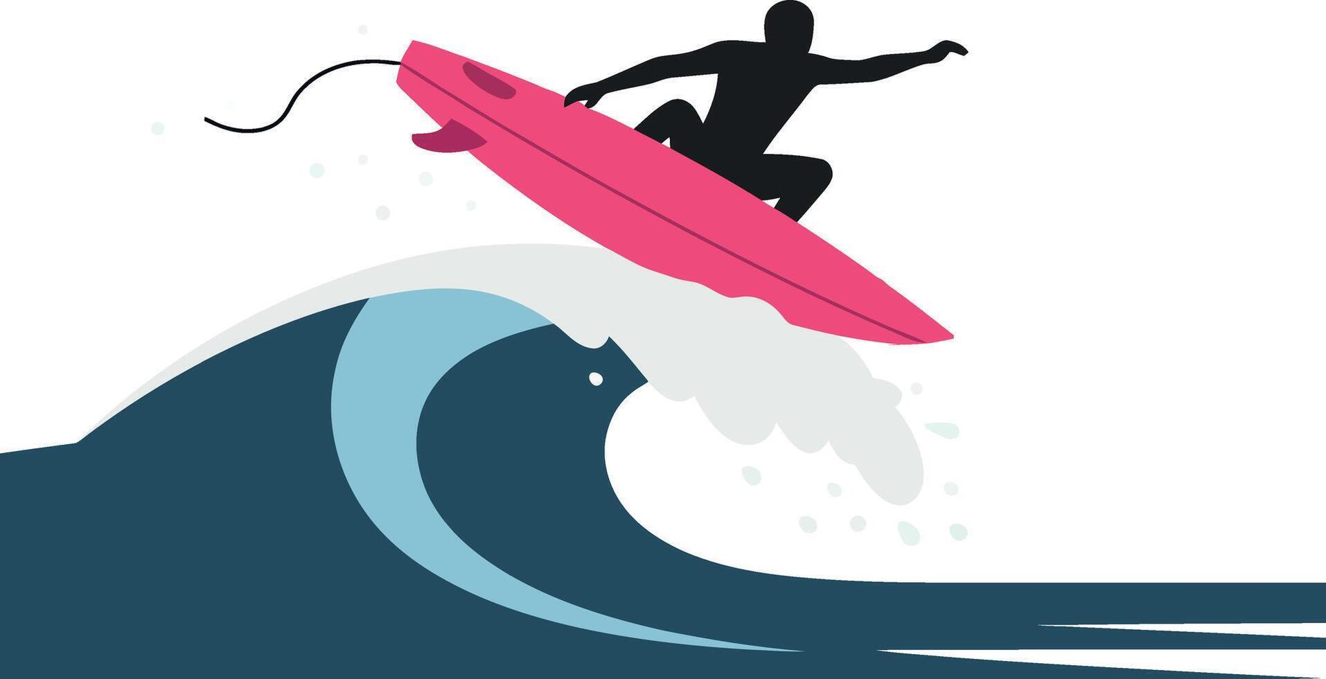 A surfer performing an aerial move on a vibrant wave in flat art vector