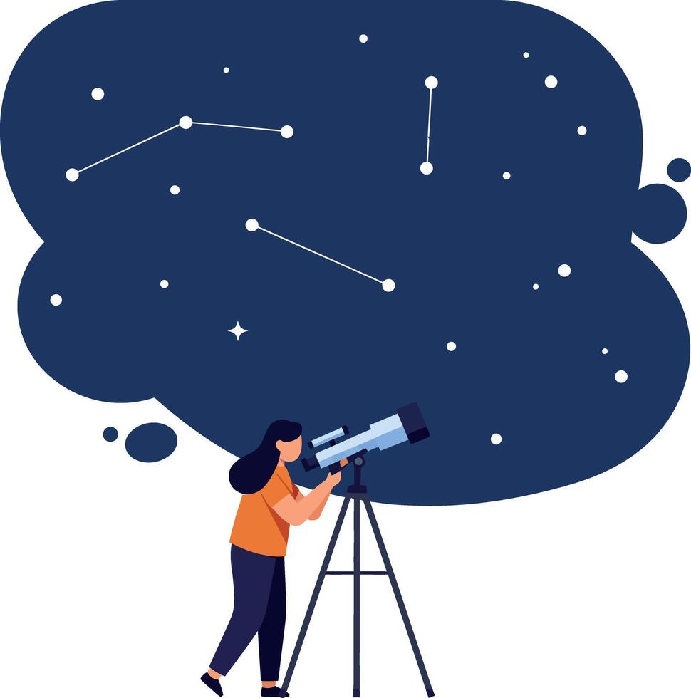 A young woman using a telescope to gaze at stars in a dark blue sky, flat illustration vector