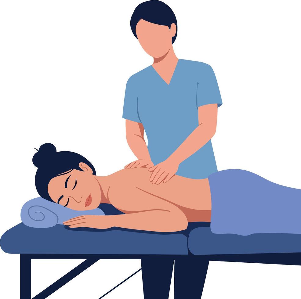 Massage therapist providing a relaxing treatment to a woman in a serene setting, flat illustration vector