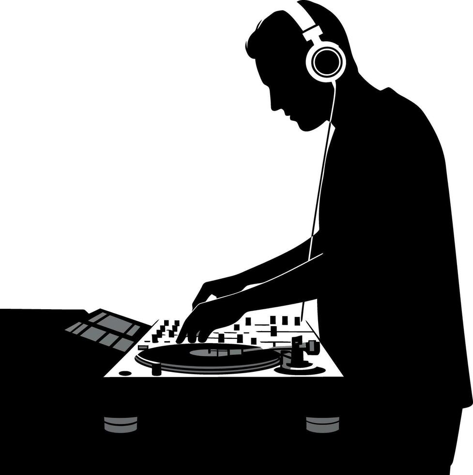 DJ silhouette focused on mixing tracks at a turntable in minimal style art vector
