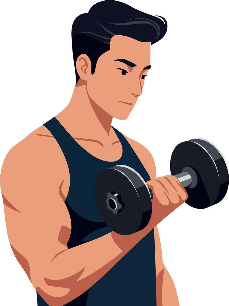A muscular man lifting a dumbbell in a flat and minimal illustration showcasing strength and fitness vector