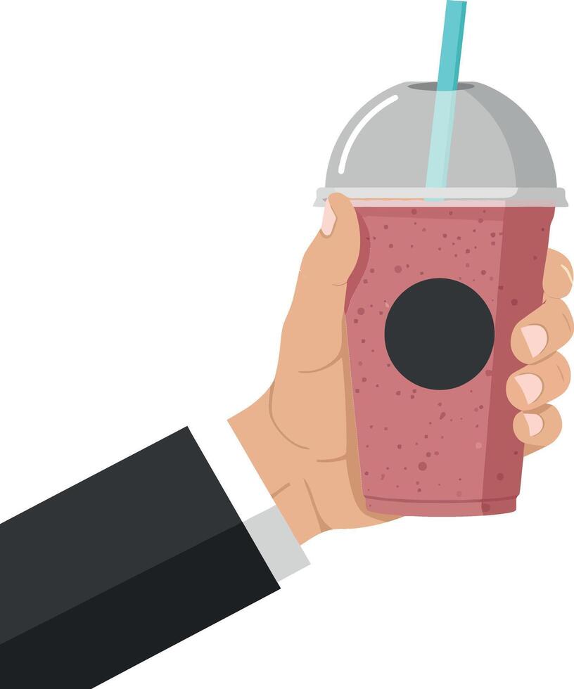 Hand holding a refreshing pink smoothie in a cup with a straw, flat illustration vector