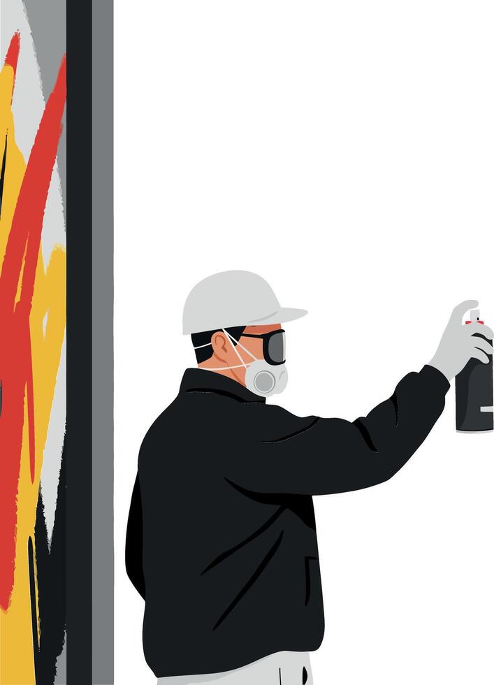 A graffiti artist in a black jacket spray painting a vibrant mural in flat art vector
