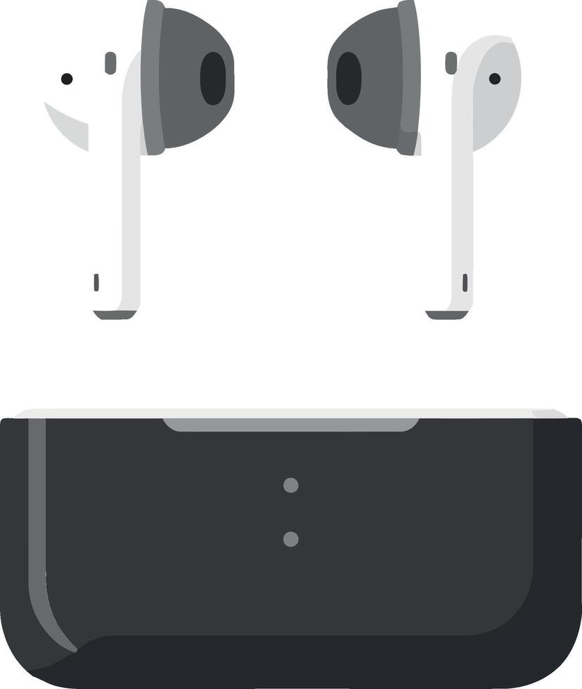 Wireless earbuds resting in a sleek black charging case, minimal illustration showcasing modern audio technology vector