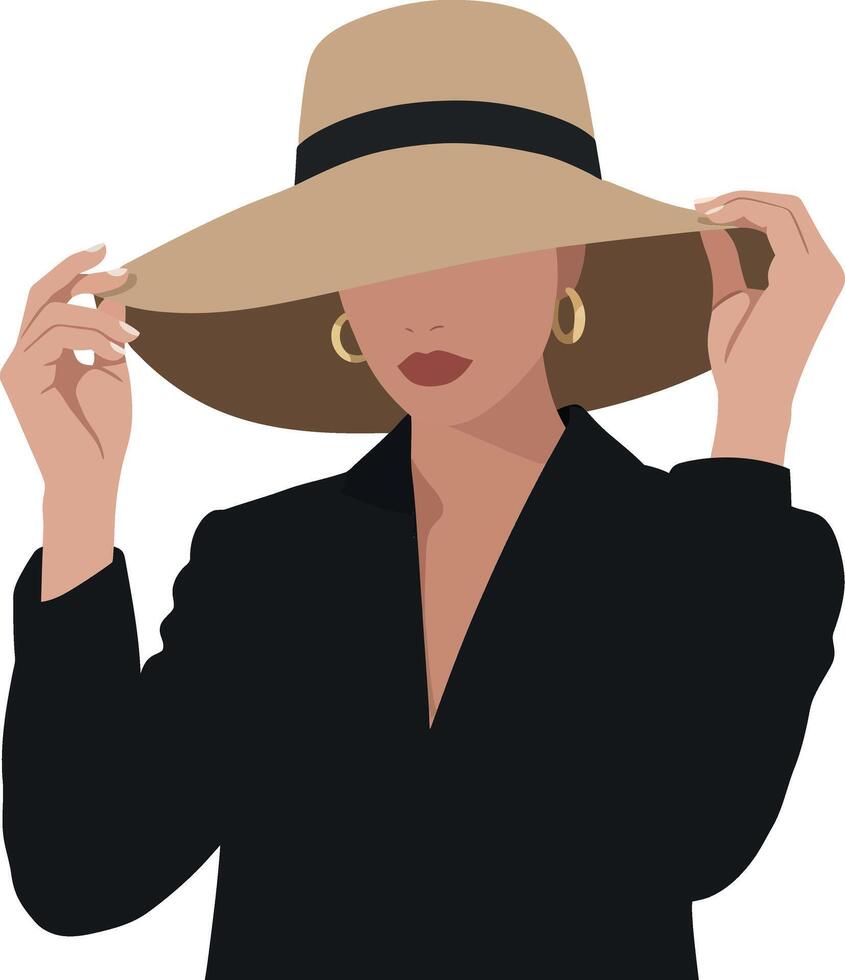 Stylish woman in a black outfit adjusting her wide-brimmed hat in flat art vector