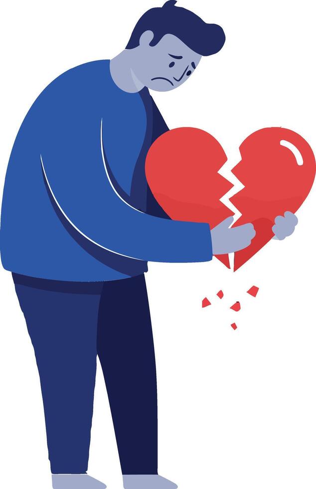 A man holding a broken heart symbol in a minimal flat design illustration expressing heartbreak and emotional distress vector
