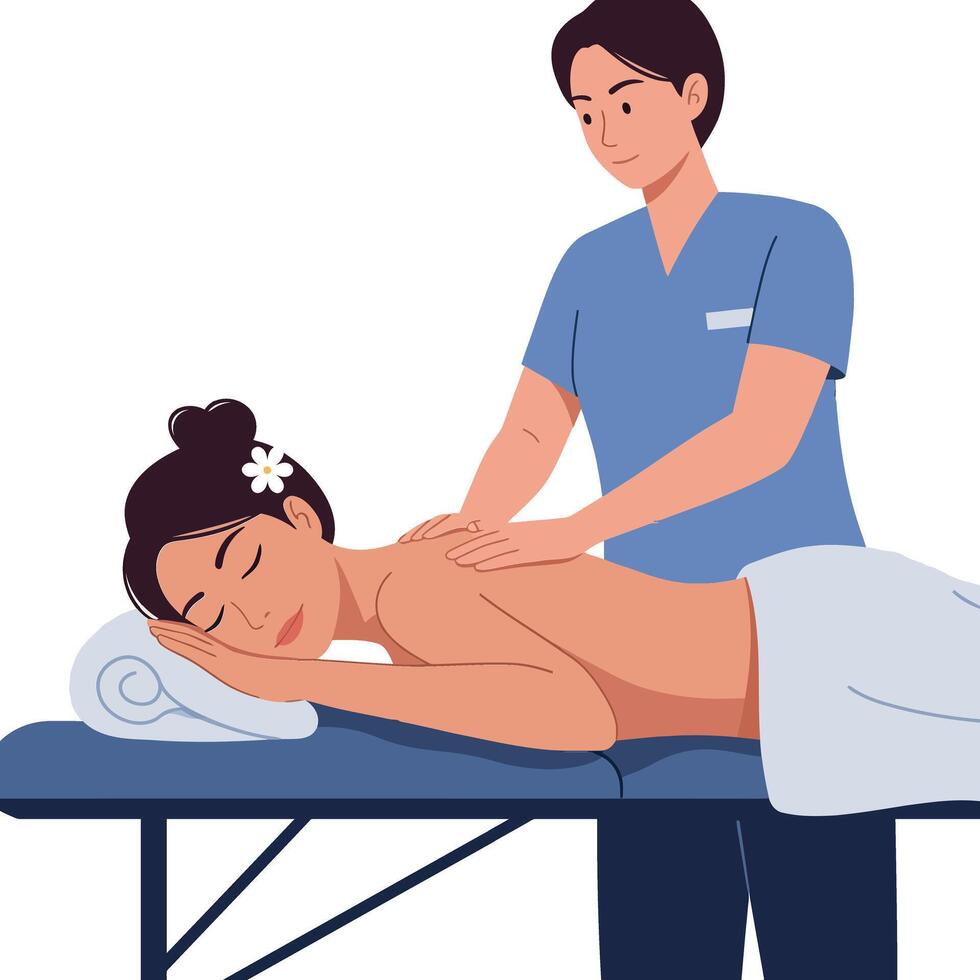 Massage therapist giving a soothing back massage to a relaxed woman in a minimal illustration vector