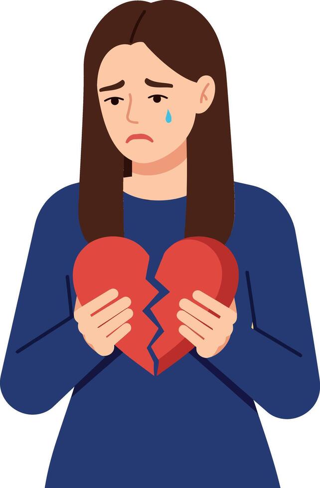 A woman holding a broken heart symbol, expressing sadness with a tear, flat illustration vector