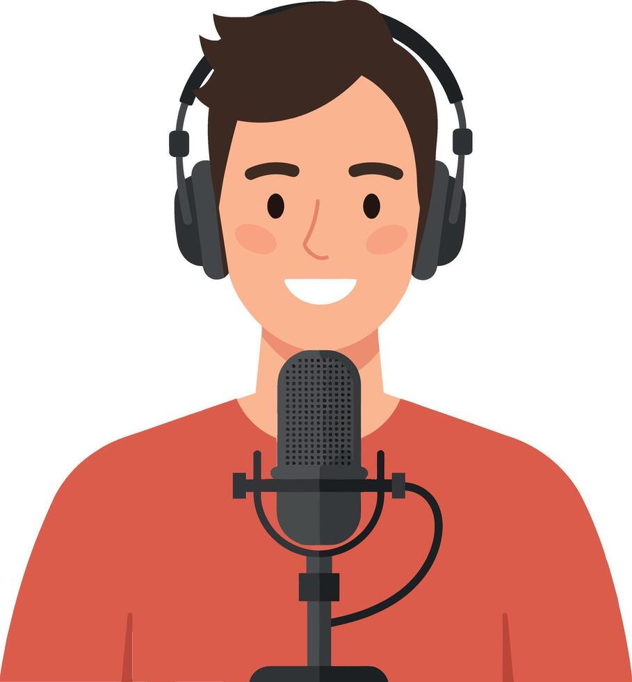 Young man with headphones smiling while speaking into a microphone in a flat illustration vector