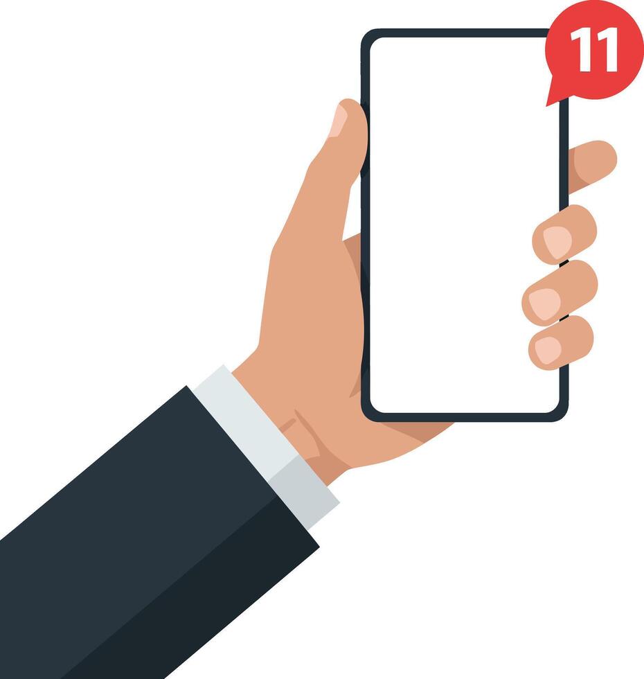 Hand holding smartphone with notification alert in flat digital design illustration vector