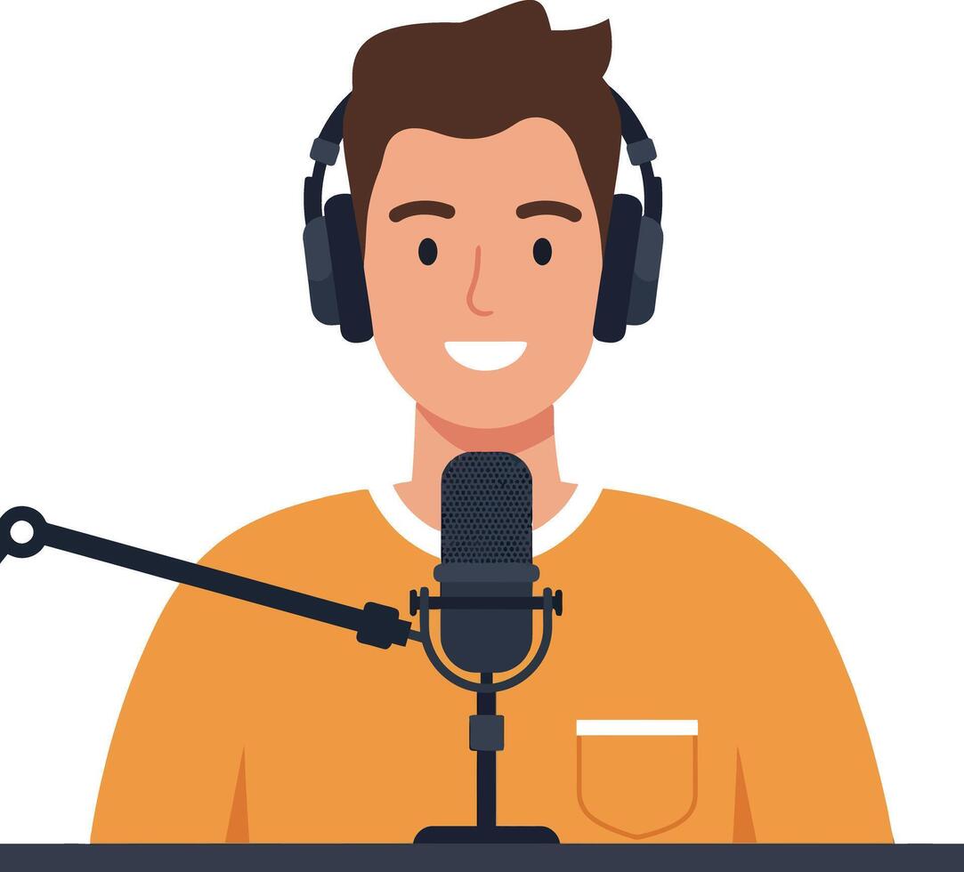 Young man with headphones smiling at microphone in minimal flat illustration vector