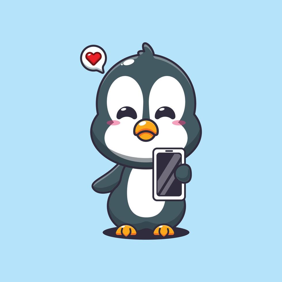 Penguin cartoon illustration with mobile phone vector