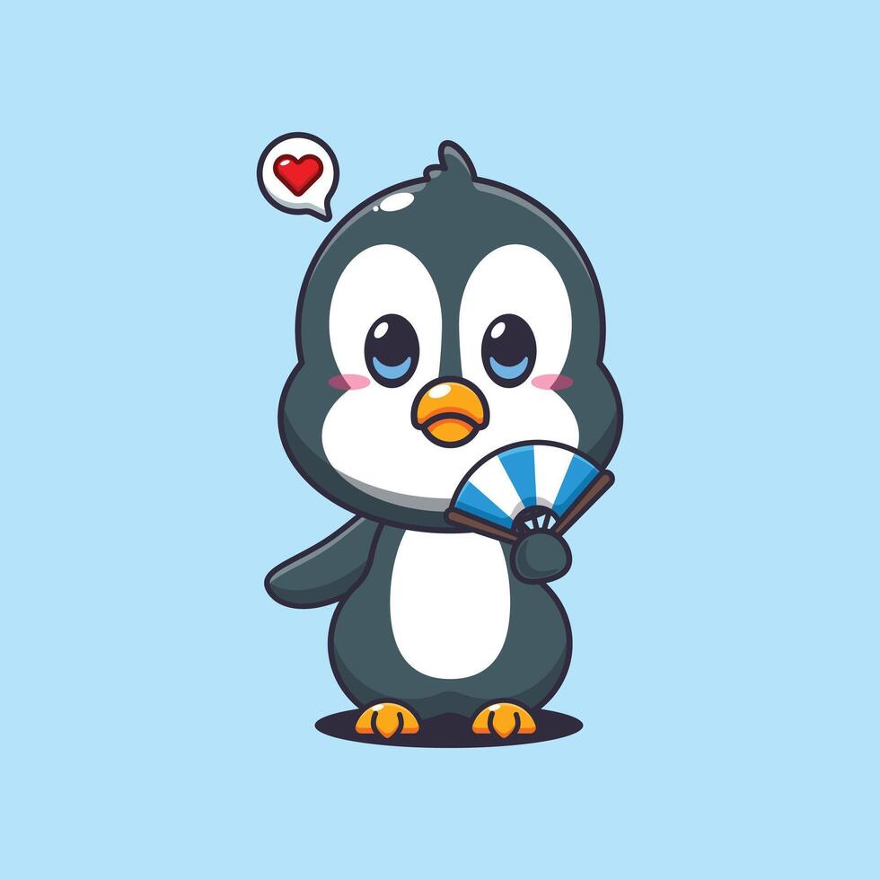 Penguin cartoon illustration with hand fan vector