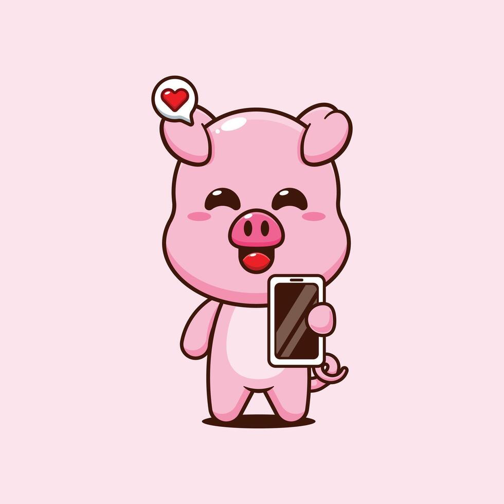 Pig cartoon illustration with mobile phone vector