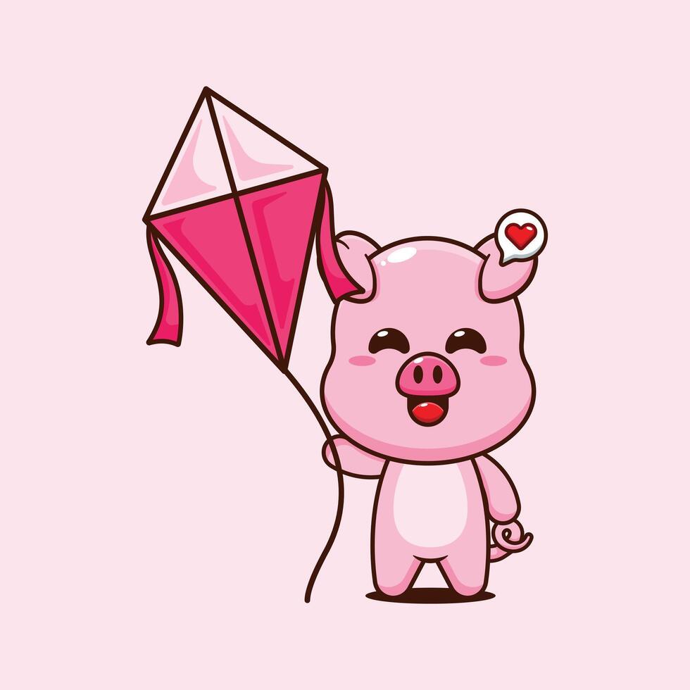 Pig cartoon illustration playing kite vector