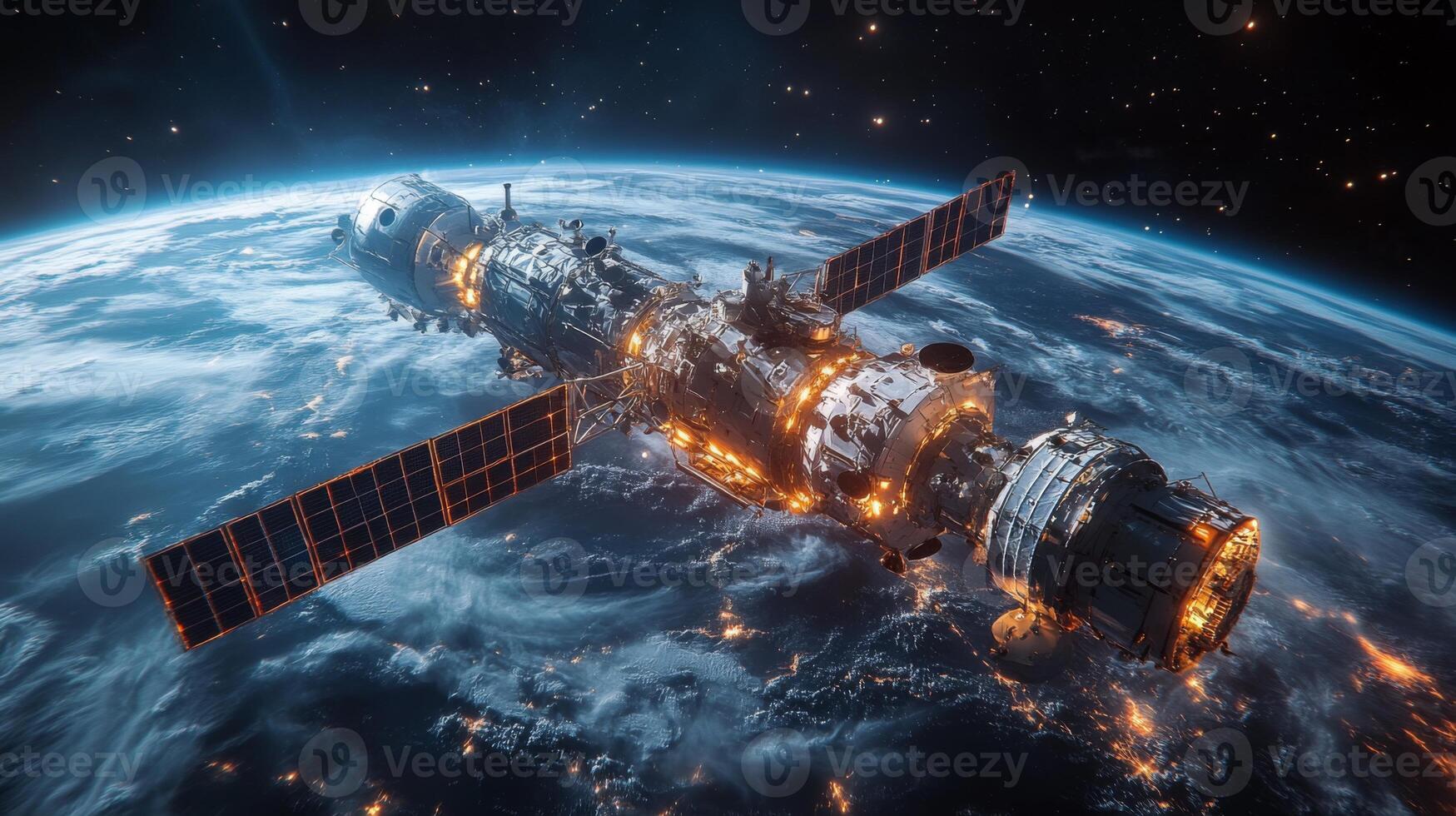 A spacecraft orbits Earth, equipped with solar panels and advanced technology. photo