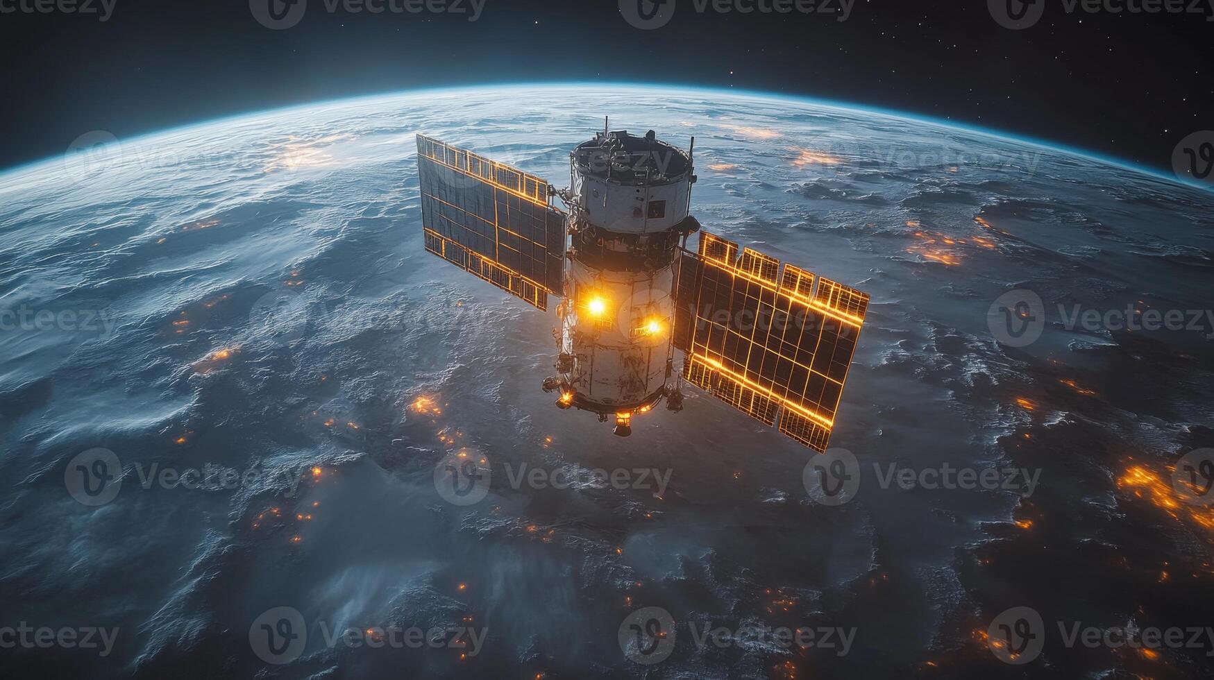 A spacecraft orbits Earth, relaying telemetry and positioning signals while the planet glows with scattered city lights. Its solar panels capture energy in the darkening atmosphere. photo
