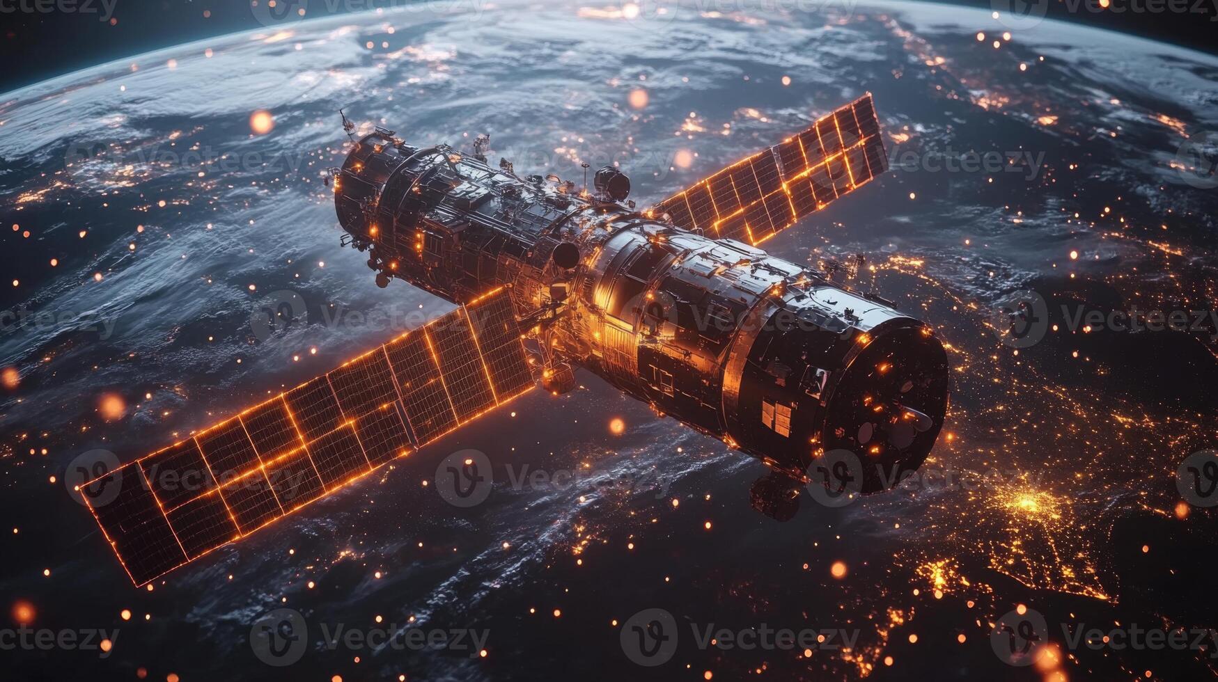 A satellite orbits Earth, illuminated by sunlight while transmitting critical telemetry data. This advanced spacecraft supports AI-driven geospatial analysis and surveillance activities. photo