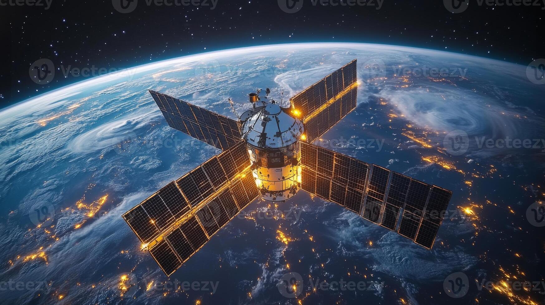 A sophisticated satellite orbits Earth, collecting telemetry and imagery for geospatial analysis and surveillance. Advanced AI processes data to enhance monitoring capabilities. photo