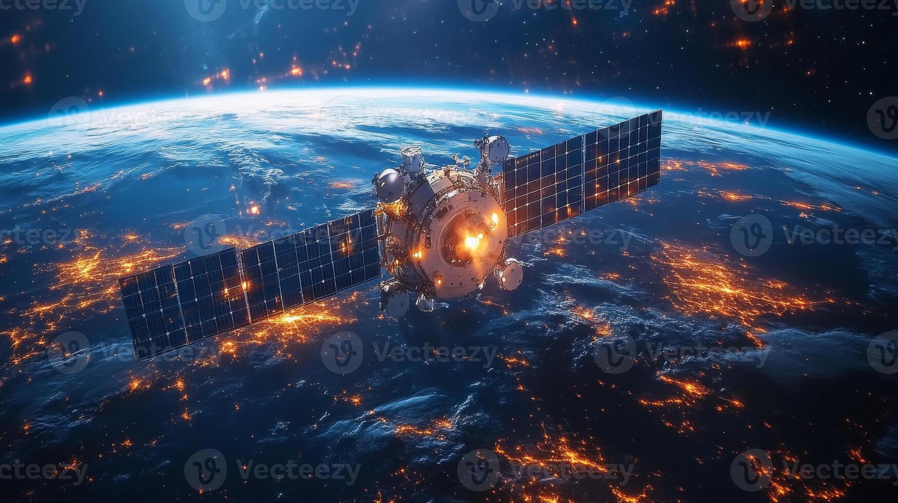 A sophisticated satellite orbits Earth, actively transmitting GNSS signals for accurate positioning and tracking. The illuminated surface below highlights urban areas, showcasing technology's reach. photo