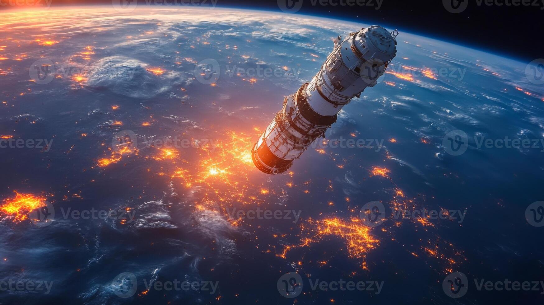 A satellite orbits Earth, sending telemetry and positioning signals to ground stations. Below, urban areas glow brightly, facilitating GPS and GNSS services globally. photo