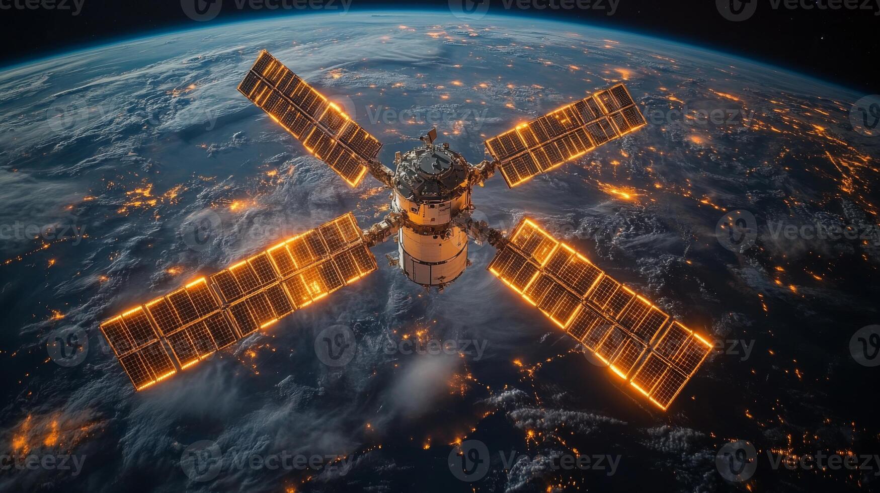 A satellite orbits Earth, utilizing its solar panels to harness energy. It transmits telemetry and GPS signals, supporting global positioning activities during dusk. photo