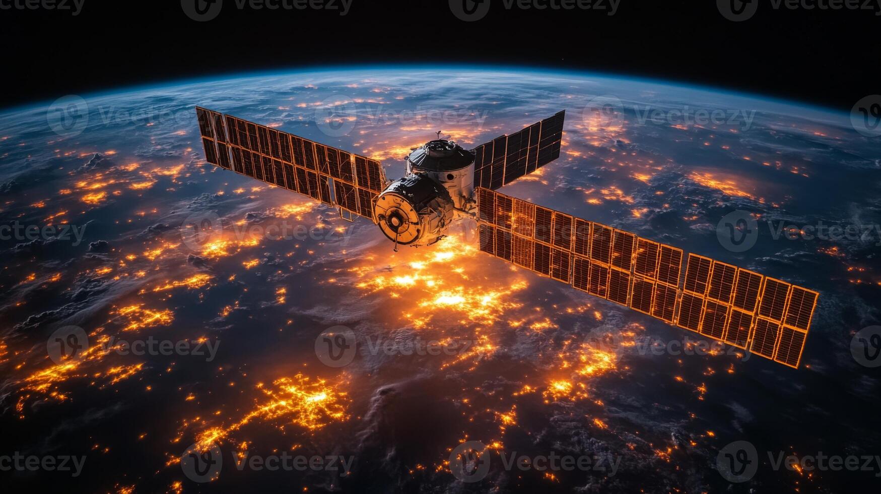 A satellite operates in low Earth orbit, capturing real-time telemetry data and conducting geospatial analysis, revealing illuminated areas below at night. photo