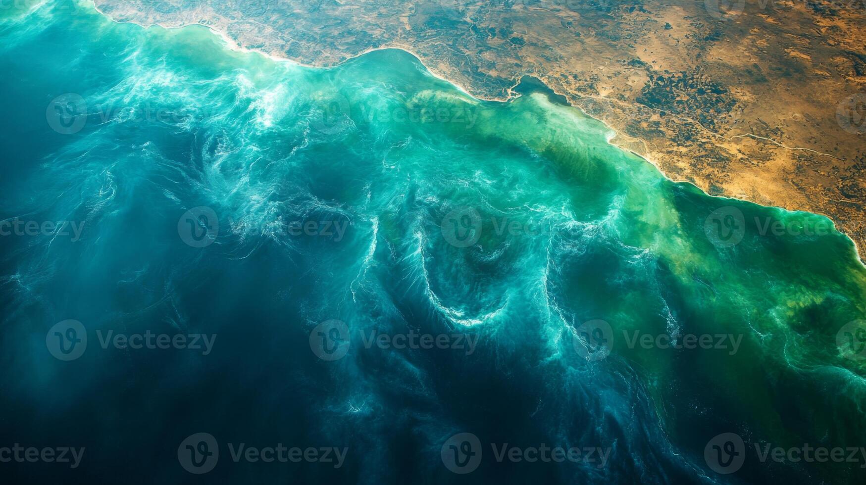 A satellite captures detailed imagery of oceanic activities along coastlines, showcasing vibrant colors and patterns indicative of various phenomena. photo