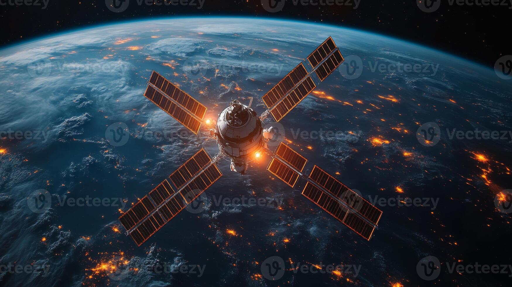 A satellite is positioned in low Earth orbit, equipped with multiple solar panels, transmitting crucial telemetry data while providing broadband connectivity to various regions. photo