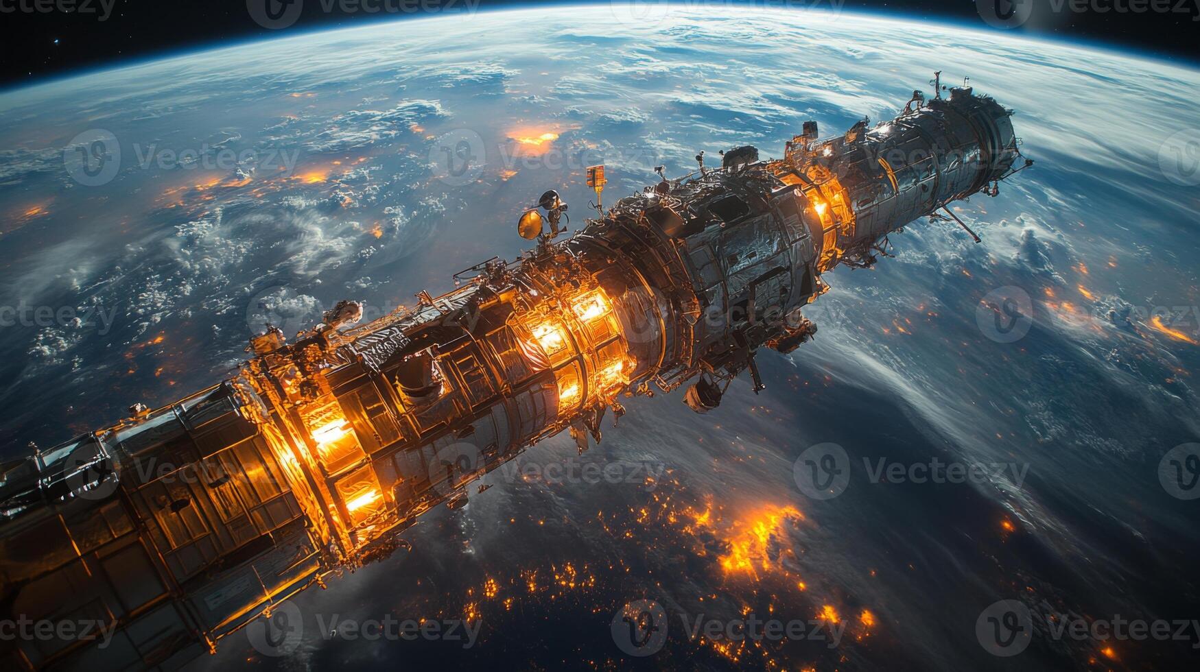 A spacecraft orbits Earth in a geostationary position, actively transmitting telemetry and data. The radiant glow from the planet's surface highlights bustling regions below during nightfall. photo