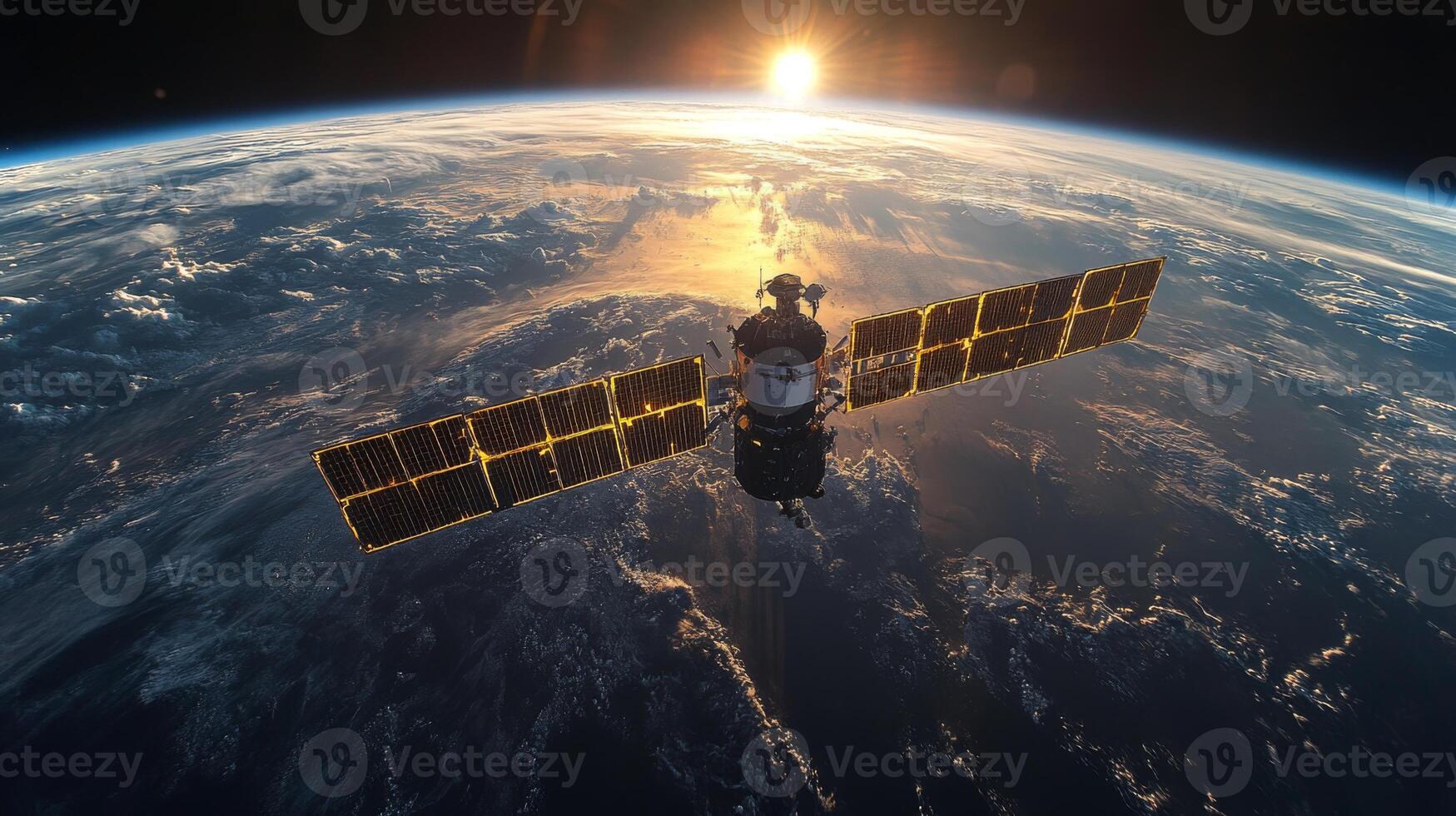 A satellite orbits Earth, transmitting telemetry data and signals while its solar panels reflect sunlight during dawn. The planet's surface reveals clouds and oceans below. photo