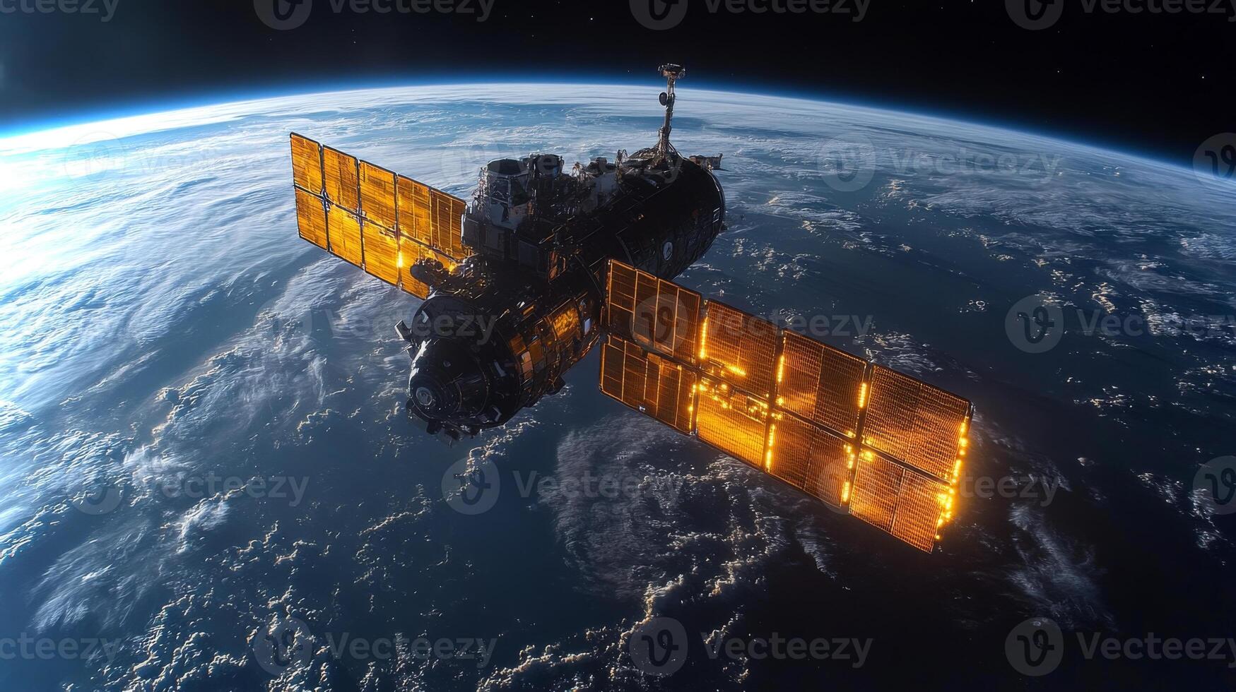 A satellite orbits Earth, showcasing its solar panels illuminated by sunlight. It plays a crucial role in transmitting telemetry data for global positioning systems and tracking. photo