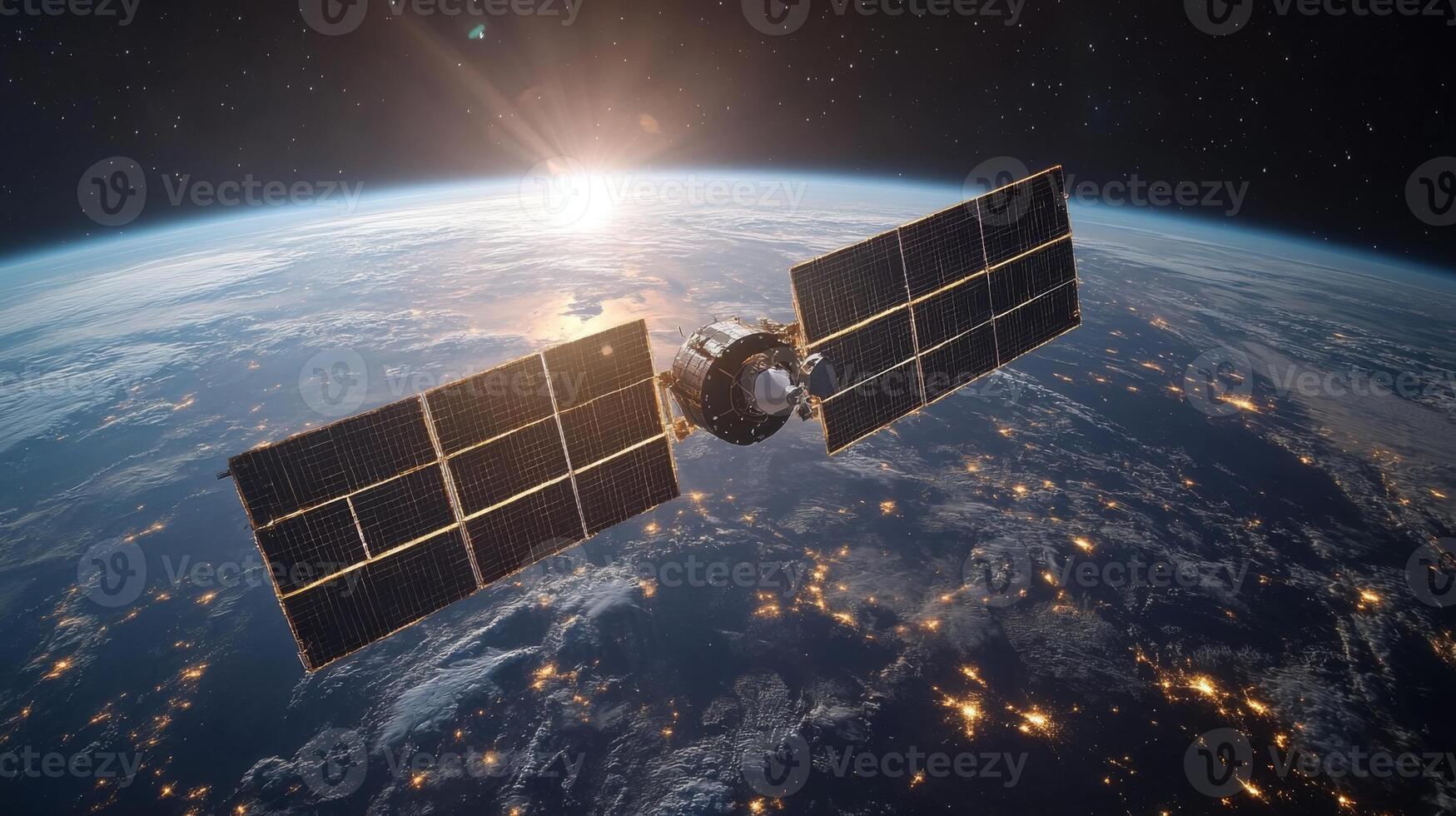 A satellite equipped with solar panels orbits Earth while transmitting telemetry data, contributing to global navigation systems and signal tracking. The sun rises in the background. photo