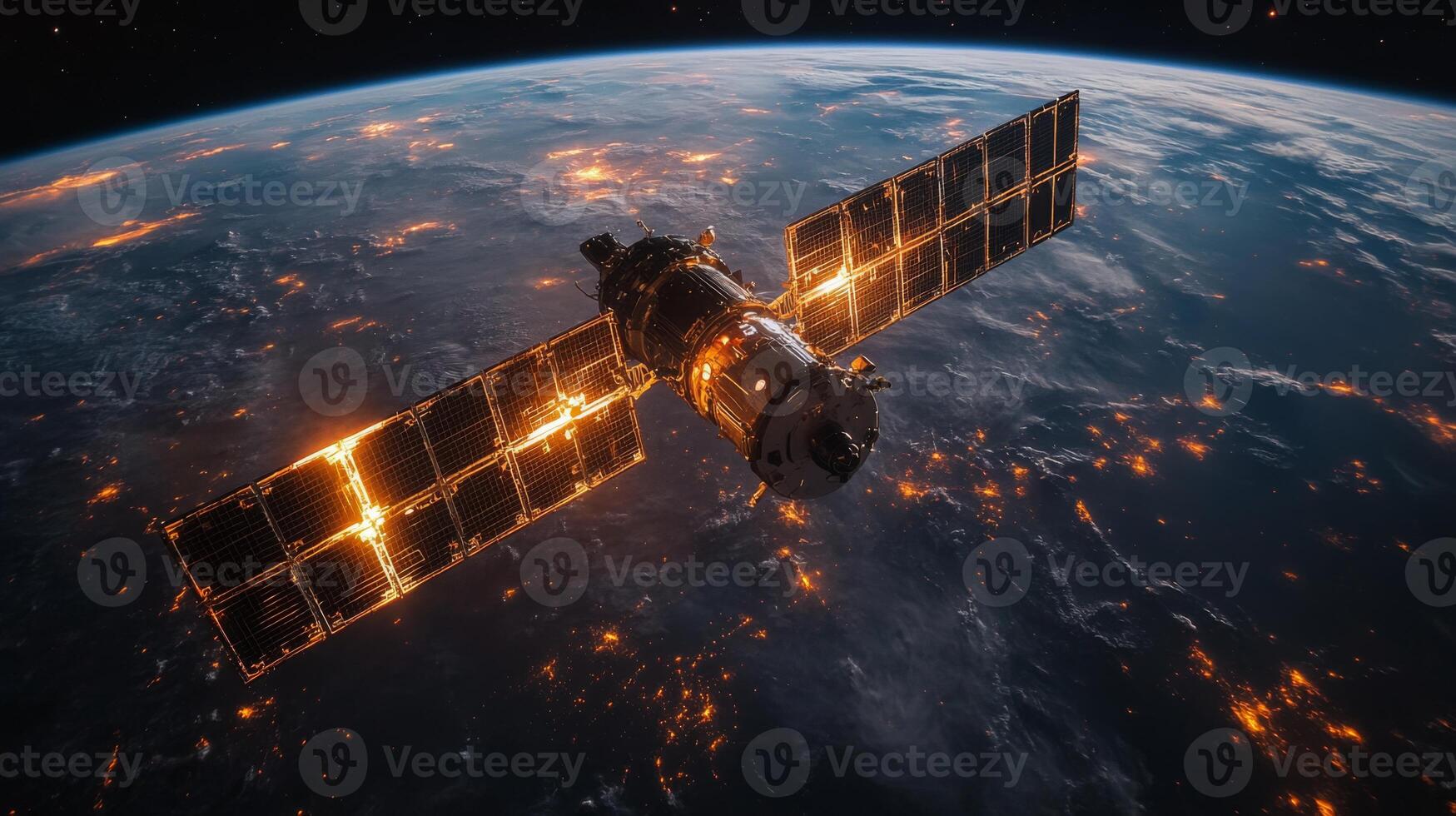 A spacecraft orbits Earth, equipped with solar panels and communication systems, facilitating data transmission and enhancing global connectivity from low Earth orbit. photo