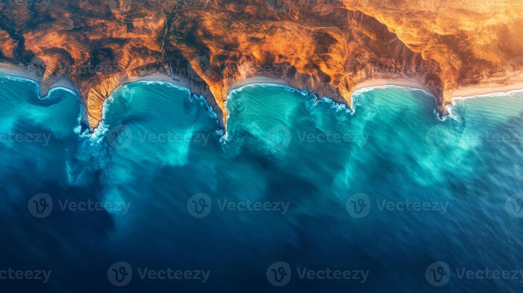 High-resolution satellite captures a breathtaking view of a coastal area, featuring dynamic ocean waves and rocky cliffs under bright sunlight, reflecting diverse colors in the water. photo