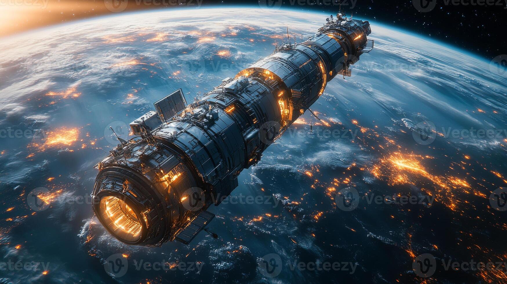 A sophisticated spacecraft orbits Earth, equipped with transponders and AI technology. It emits signals while the blue planet glows beneath, showcasing urban areas at night. photo