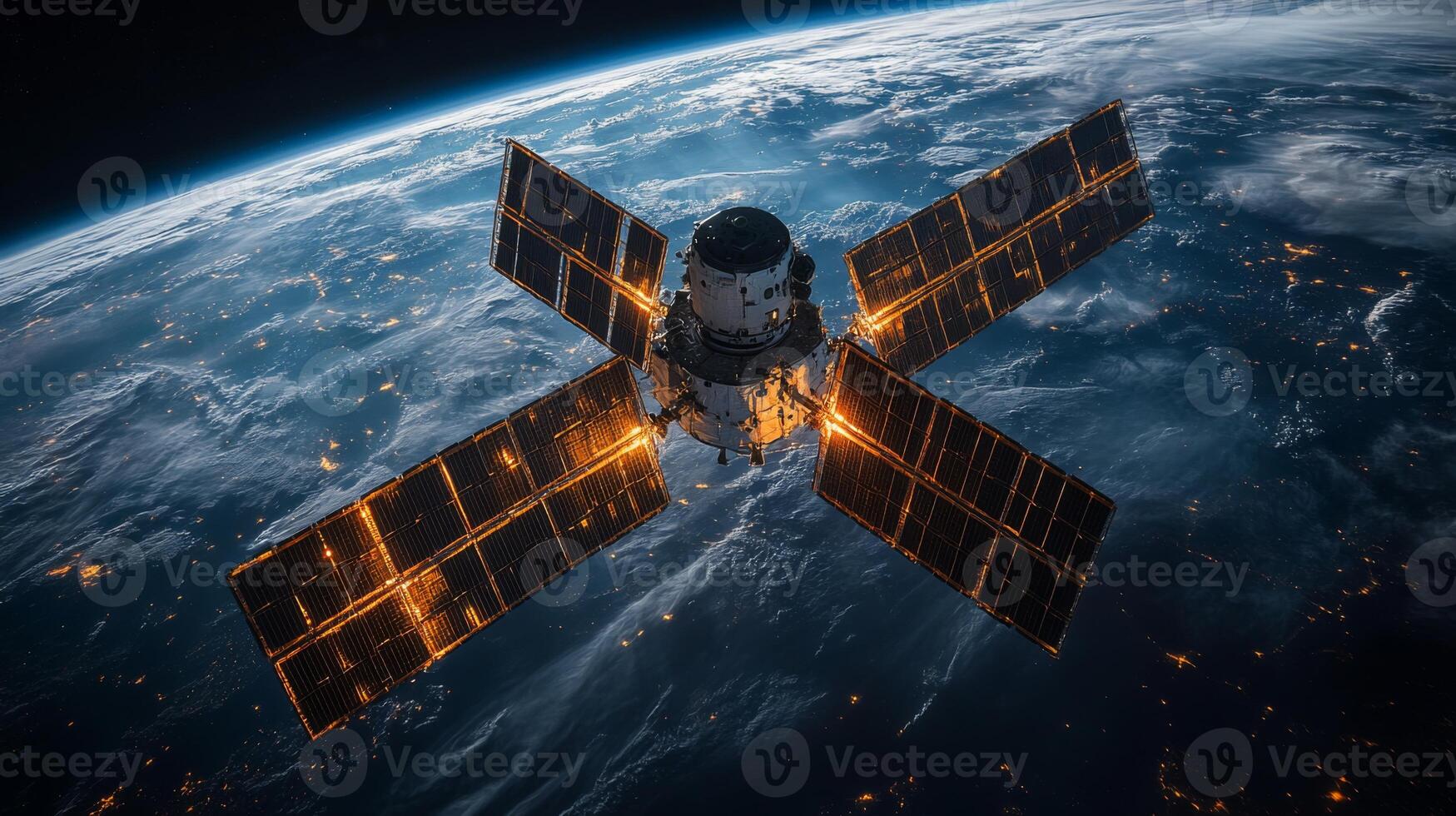 A satellite orbits Earth, transmitting signals for global positioning and telemetry. Its solar panels capture sunlight while cities glow below in the dark. photo