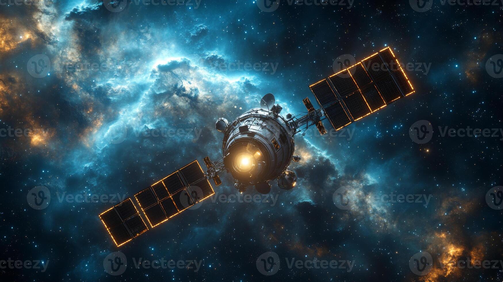 A highly sophisticated satellite orbits in space, equipped with solar panels and advanced communication systems. It transmits critical telemetry data while maintaining geostationary orbit. photo
