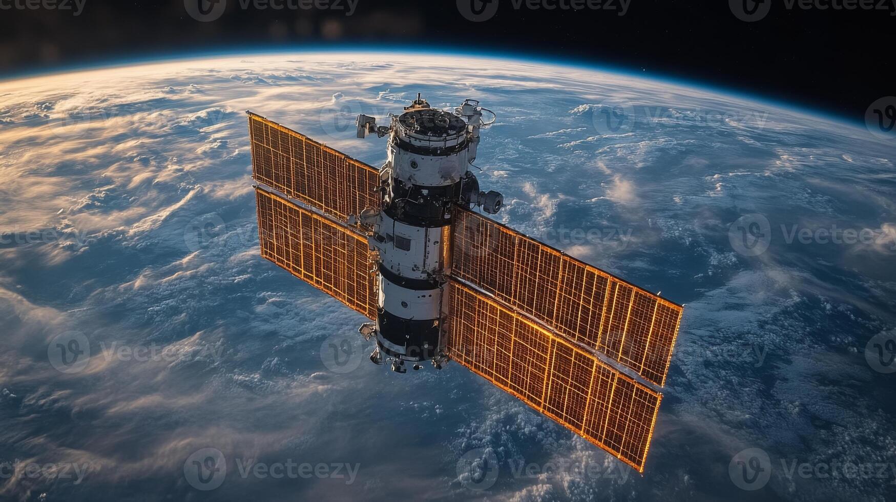 This advanced satellite operates in a geostationary orbit, transmitting telemetry data and enabling broadband communication services across low Earth orbit. Sunlight reflects off its solar panels. photo