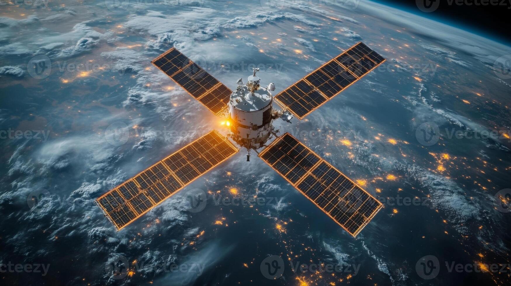 A satellite orbits Earth while transmitting crucial telemetry data. The spacecraft utilizes solar panels to power its systems, supporting GPS and GNSS for accurate positioning and tracking. photo
