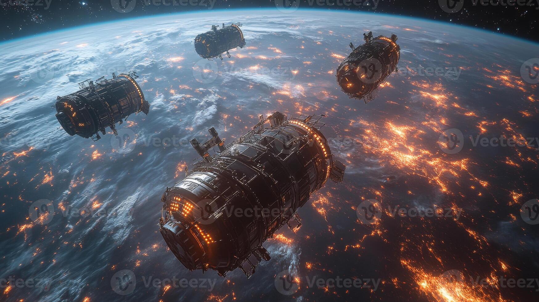 Three spacecraft operate in low Earth orbit, transmitting crucial telemetry data for enhanced broadband connectivity across the globe. The illuminated structures indicate active functions. photo