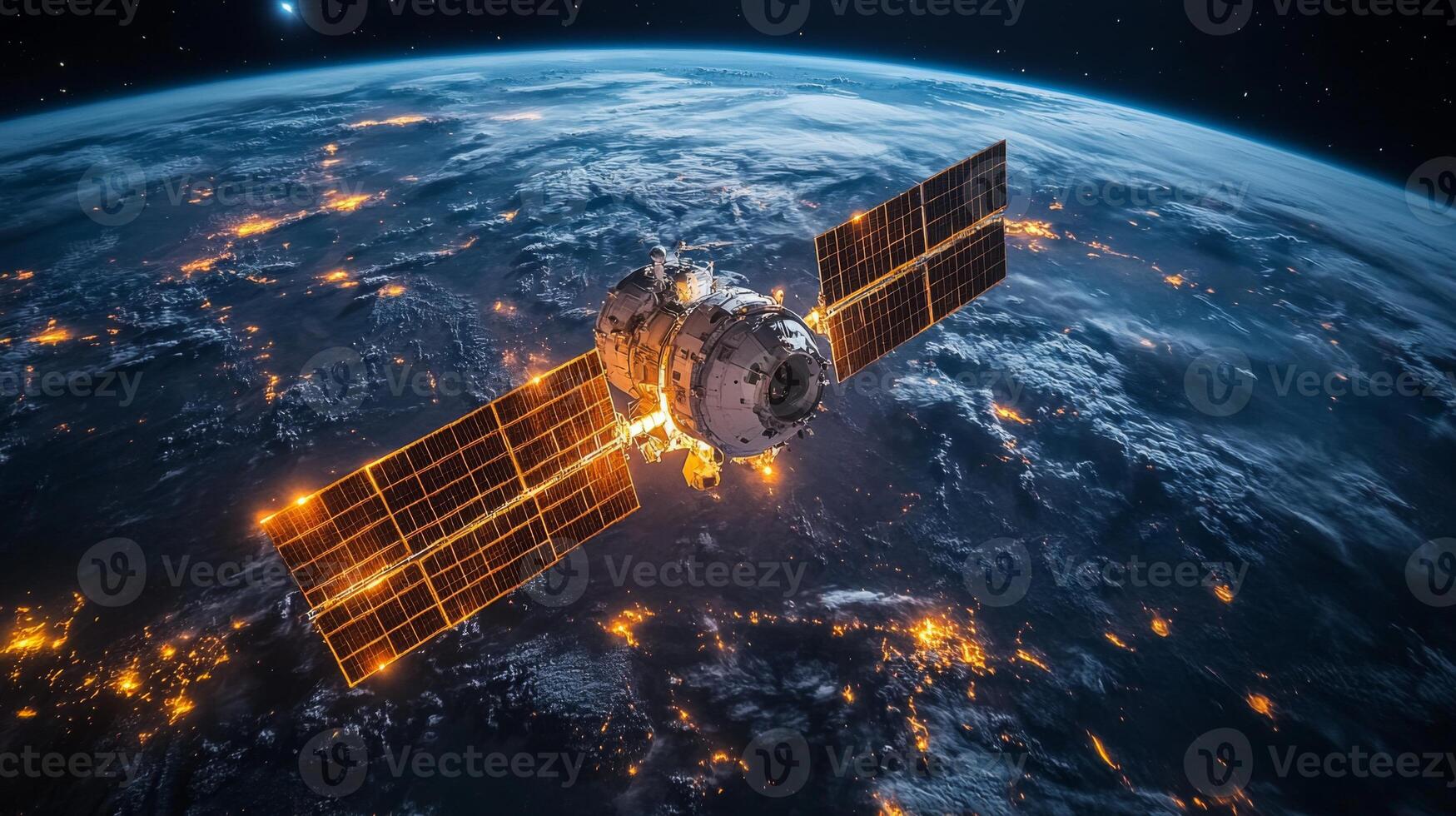 A spacecraft orbits Earth, equipped with solar panels and communication instruments. photo
