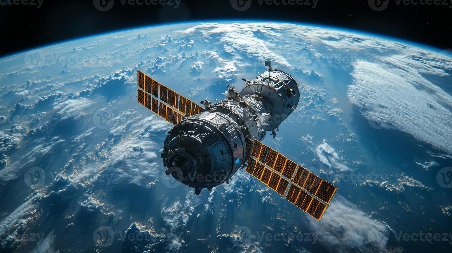 A spacecraft equipped with solar panels orbits Earth, facilitating communication and data transmission. It operates within a low Earth orbit, supporting broadband services and telemetry functions. photo
