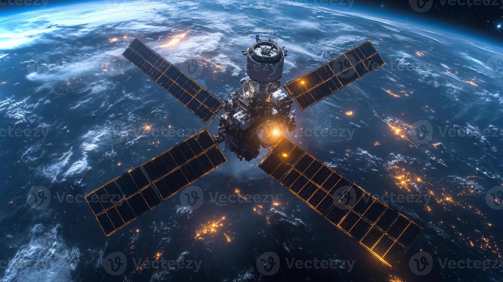 A spacecraft orbits Earth, equipped with solar panels and communication systems. It provides GPS signals and tracks movements, supporting various applications. photo